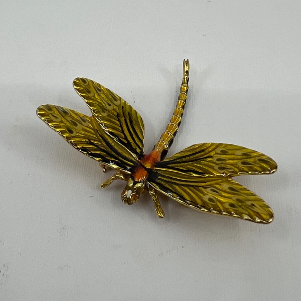 Vintage, Signed Erwin Pearl Dragonfly Golden Enamel Brooch/Pin With Citrine Colo